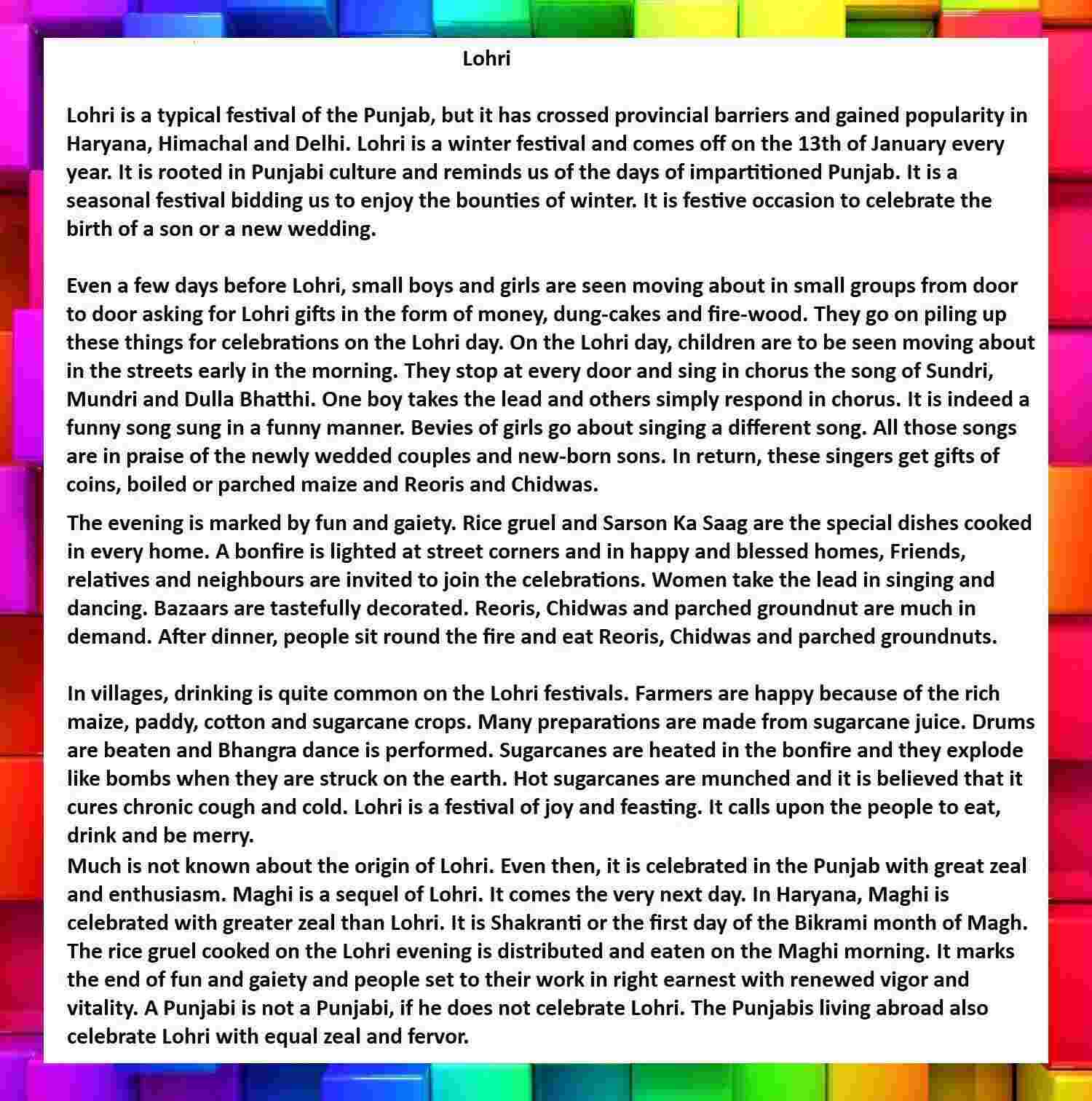 Short Essay, Speech on Lohri Festival for School Students in English, Hindi & Punjabi Happy Lohri short essay in English