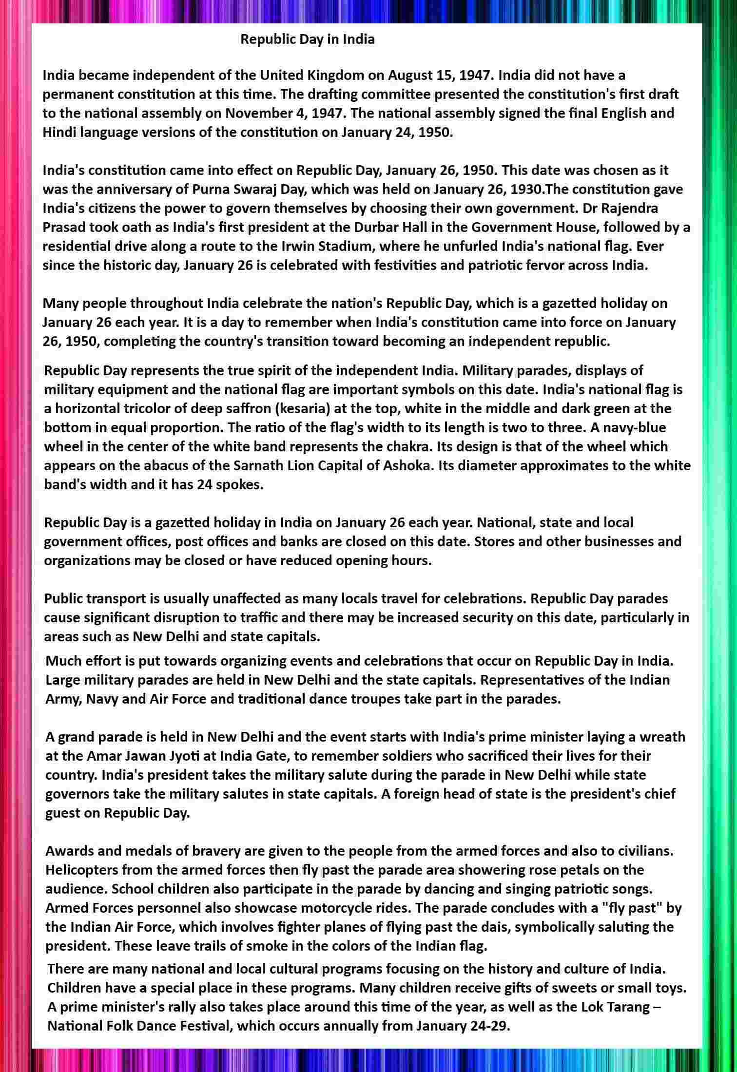 Short Essay, Speech on Republic day in India for School Students in English & Hindi Republic day English Essay