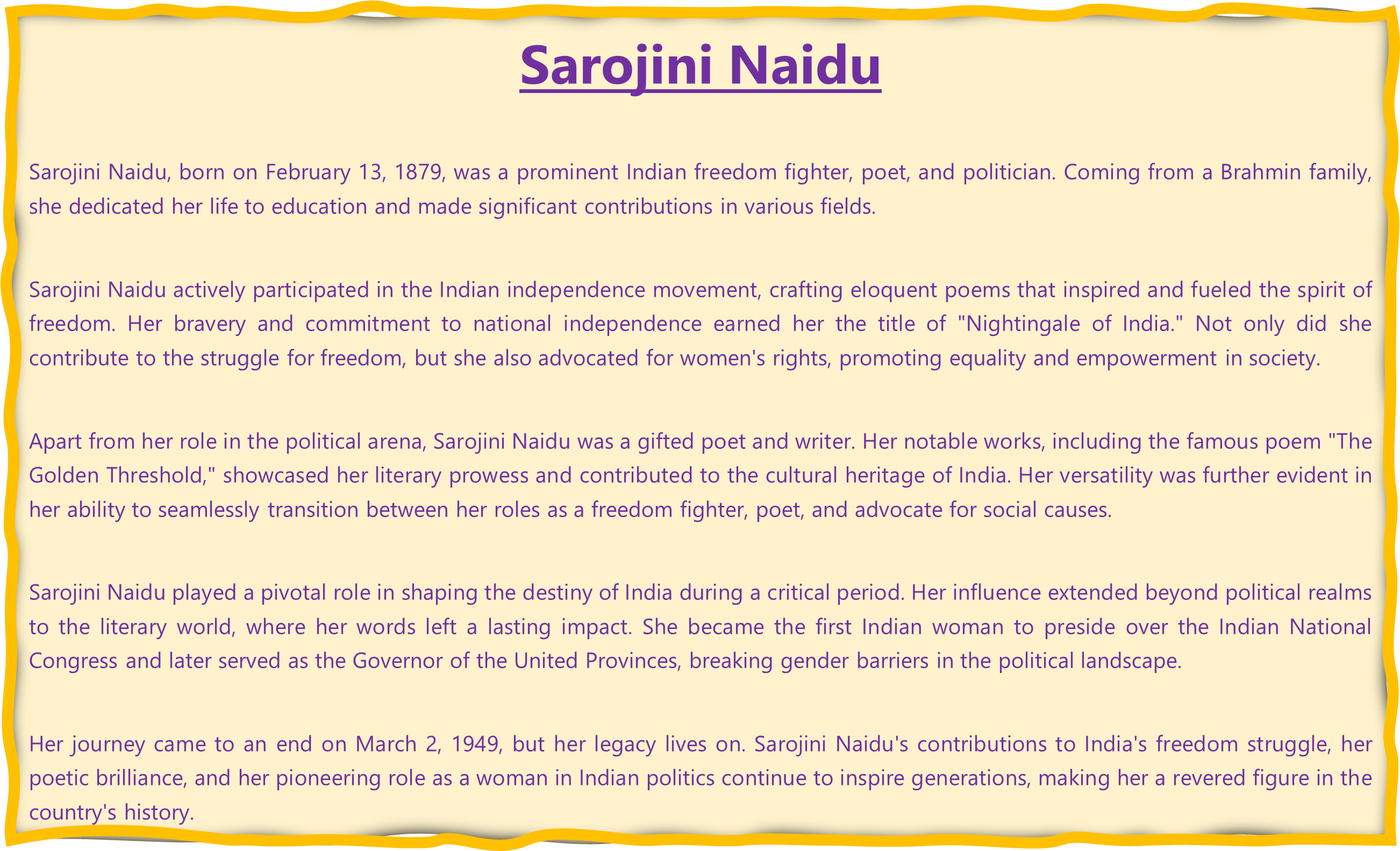 Sarojini Naidu Birth Anniversary Detail Facts & Short Essay Sarojini Naidu short essay in english