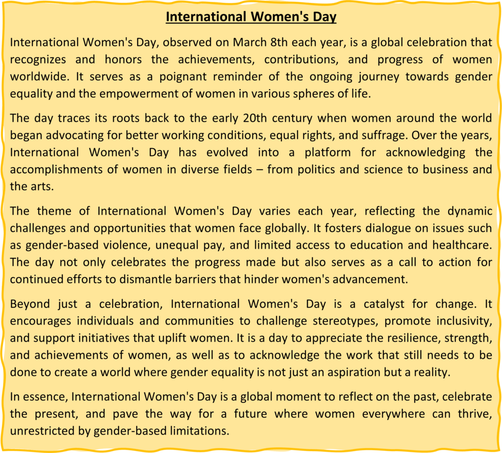 International Women's Day Short Essay and Facts in English & Hindi Women's day short essay in English