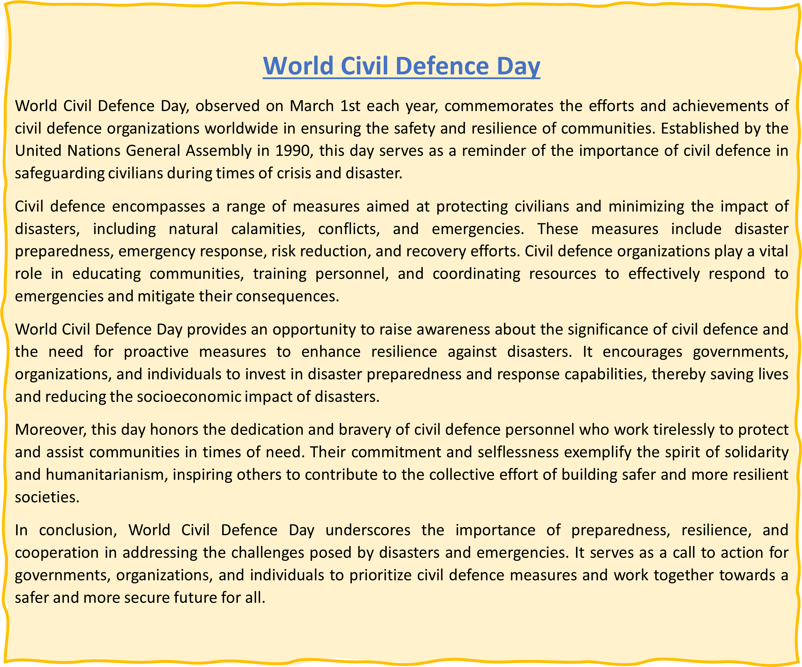World Civil Defense Day Short Essay in English World Civil Defense Day Short Essay in English