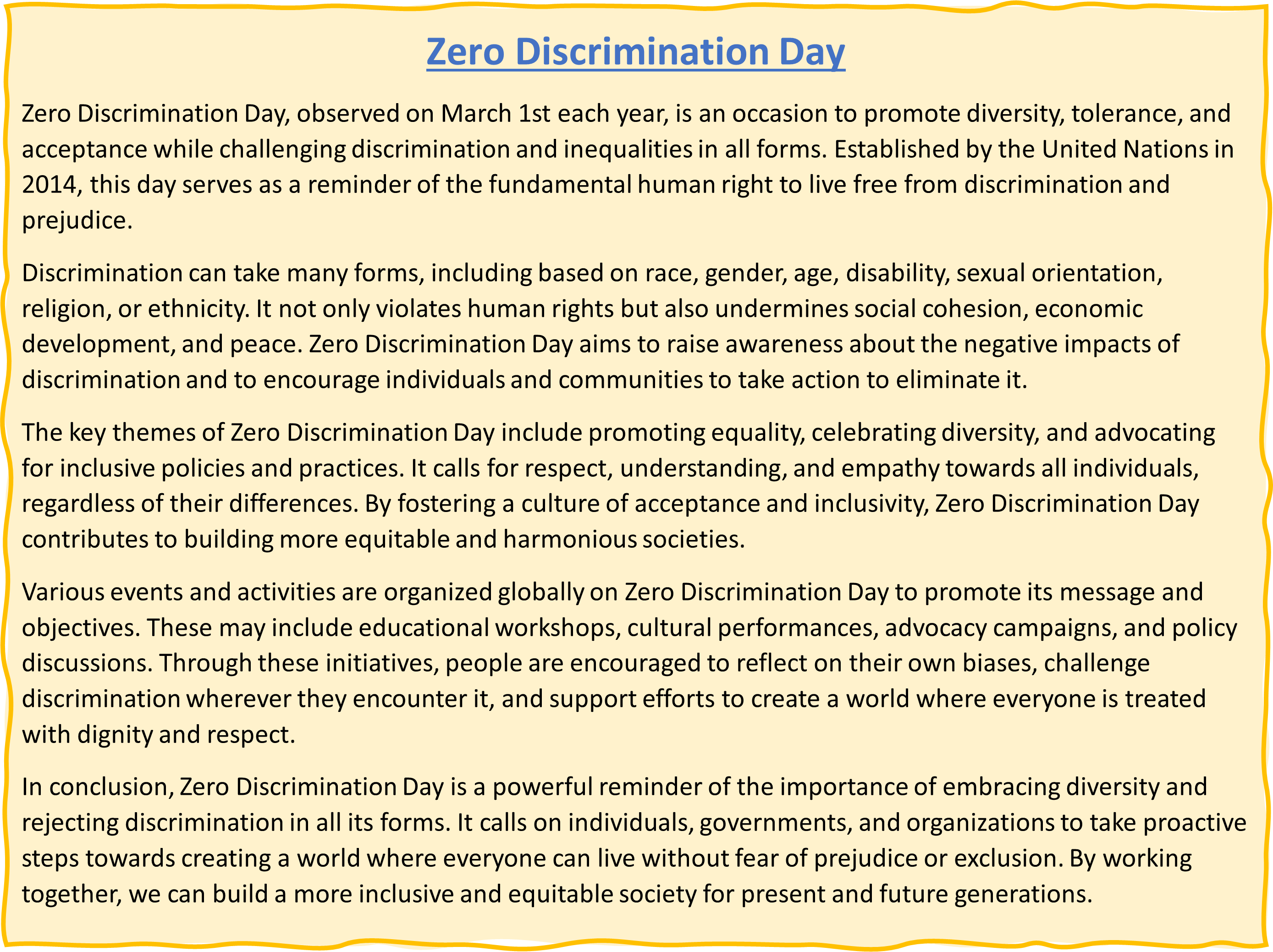 Zero Discrimination Day | 1 March Short Essay & Facts Zero Discrimination Day Short Essay in English
