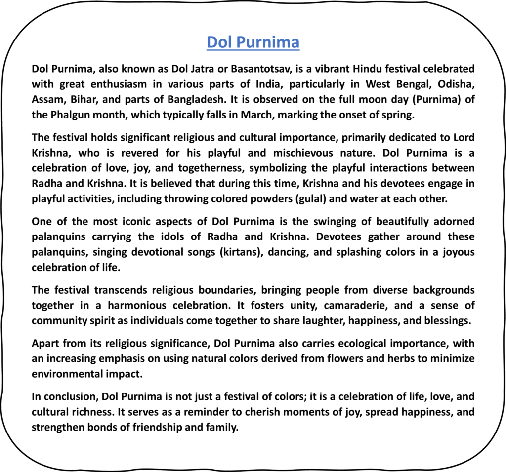 Dol Purnima | Happy Dol Jatra | Basantotsav Short Essay and Facts in Hindi & English Dol Purnima Short Essay in English